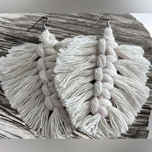 Elegant White Macrame Earrings Approximately 3x3”